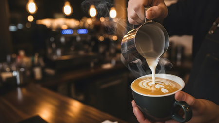 Crafting a perfect latte with steaming milk, intricate art, and a warm cafe ambianceの写真素材
