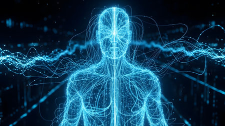 Digital consciousness: a luminous representation of human intelligence and technologyの写真素材