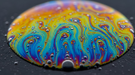 Iridescent colors swirling in a soap film, revealing the beauty of light interference and delicate patternsの写真素材