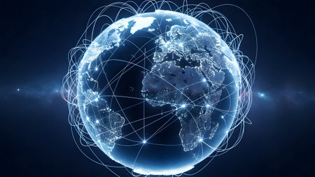 A futuristic view of planet earth interconnected by a vast digital network and communication linesの写真素材