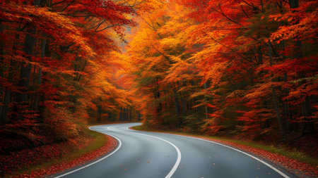 A winding road through a vibrant autumn forest with colorful red and orange trees