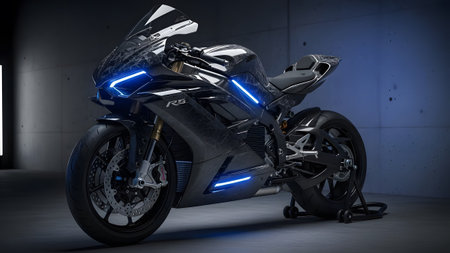 A cutting-edge dark sport motorcycle illuminated by vibrant blue led lights in a futuristic setting