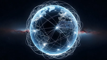 A global network connecting the world with luminous lines and points of data exchange