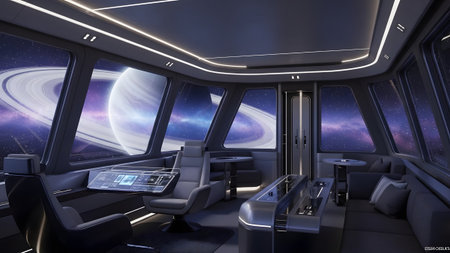 Futuristic spaceship bridge offers a stunning view of a ringed gas giant in deep space