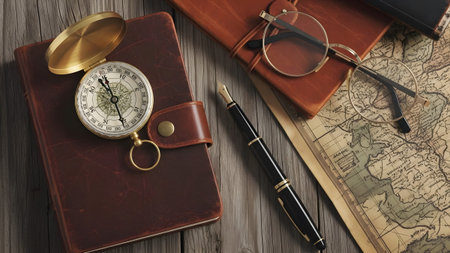 Vintage travel essentials: a compass, journal, map, and pen ready for new adventuresの写真素材
