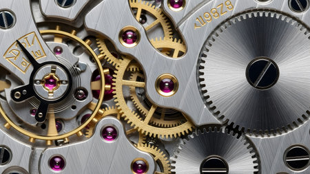Close-up view of a sophisticated mechanical watch movement with intricate gears and rubies