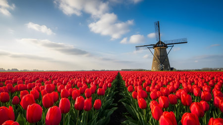 Vibrant red tulips field stretches towards a classic dutch windmill under a clear blue skyの写真素材