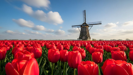 Vibrant red tulip field stretching towards a classic dutch windmill under a clear blue skyの写真素材