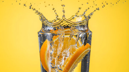 Refreshing water splash with vibrant orange slices on a bright yellow backgroundの写真素材