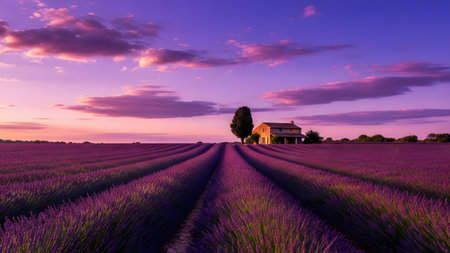 Vibrant lavender field at dusk in provence with a rustic farmhouse under a purple skyの写真素材