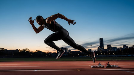 A determined athlete explodes from the starting blocks on a track at twilight with city skyline