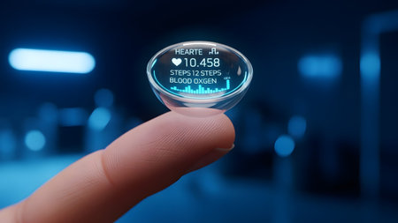 Futuristic smart contact lens on a fingertip showcasing real-time health data