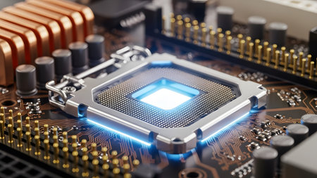 The glowing heart of modern technology: a powerful central processing unit on a motherboard