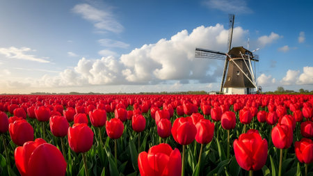Vibrant red tulip field stretching to a traditional dutch windmill under a bright blue skyの写真素材