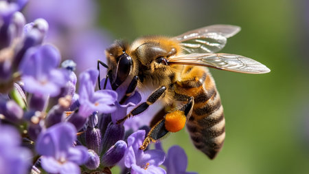 A honeybee diligently collecting vibrant orange pollen from fragrant purple lavender flowers