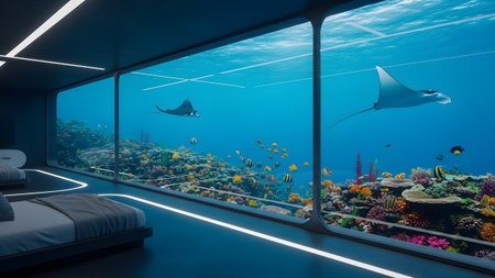 Luxurious underwater hotel room with panoramic view of vibrant coral reef and swimming manta rays