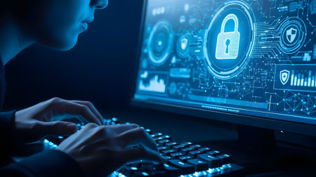 Safeguarding digital assets: a person diligently working on a computer to enhance cybersecurity...