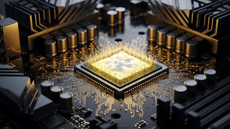 Illuminated central processing unit on a sophisticated circuit board showcasing advanced technology
