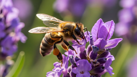 Honeybee diligently gathering nectar from beautiful purple lavender blossoms in a sunny garden