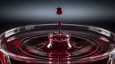 A vibrant red liquid drop creating an elegant crown splash and concentric ripples in a clear glass bowlの写真素材