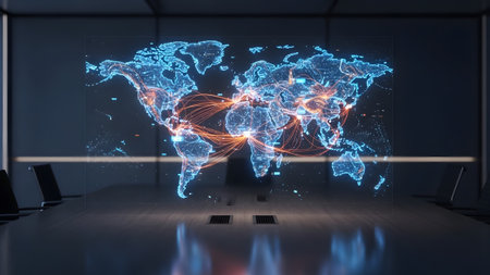 Global interconnected network displayed as a holographic map in a futuristic meeting room