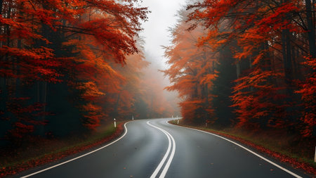 Winding road through a vibrant autumn forest shrouded in a mysterious morning fog