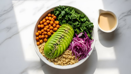 A vibrant and wholesome plant-based power bowl with quinoa, avocado, and chickpeasの写真素材
