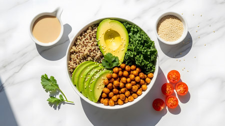 Nutritious and vibrant plant-based buddha bowl with quinoa, avocado, chickpeas, and kale for a healthy mealの写真素材