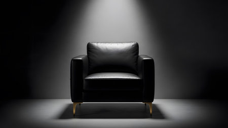 A sleek black leather armchair illuminated by a dramatic spotlight in a minimalist settingの写真素材