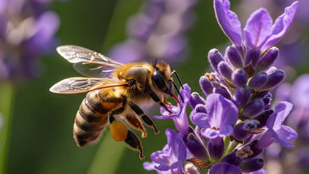 Busy honey bee diligently collecting nectar and pollen from vibrant purple lavender