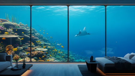 Experience the breathtaking underwater world from a luxurious bedroom with a vibrant coral reef and...