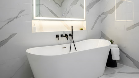 Luxurious modern bathroom interior with a sleek freestanding bathtub and marble-patterned walls