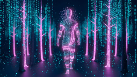 A glowing figure navigates a neon cybernetic forest composed of binary code streamsの写真素材