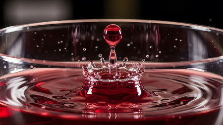 A captivating moment of a vibrant red liquid drop creating a majestic crown splash in a glassの写真素材
