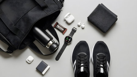 Essential gym gear for a focused workout: sports shoes, water bottle, and smartwatch