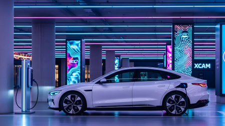 Electric car charging in a futuristic urban parking garage illuminated by neon lights