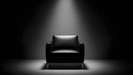 Elegant black leather armchair bathed in a dramatic spotlight on a dark stageの写真素材