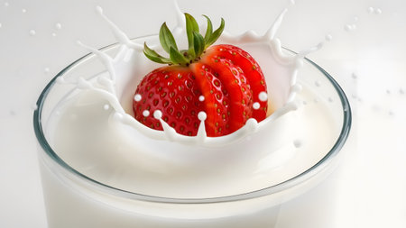 A vibrant red strawberry creates a refreshing splash as it drops into a glass of pristine white milkの写真素材