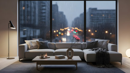 A cozy modern living room with warm lighting and a panoramic view of a rainy city