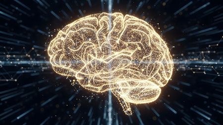 Digital representation of a human brain glowing with data connections, symbolizing artificial...