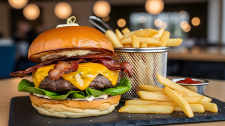 Delicious gourmet bacon cheeseburger and crispy golden french fries served on a dark slate