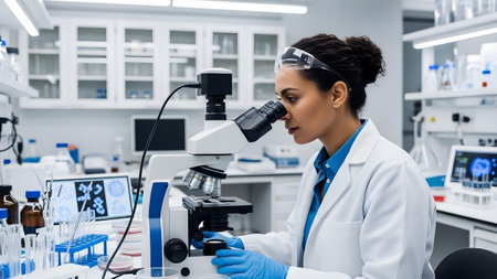 Female scientist using a powerful microscope for detailed research and analysis in a modern...