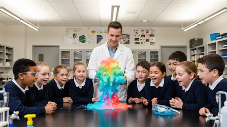 Excited young students watch a vibrant chemical reaction performed by their teacher