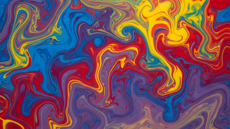 Mesmerizing abstract fluid art with brilliant blue, red, yellow, and purple hues mixing harmoniously