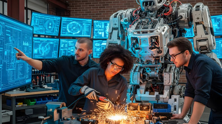 Diverse engineering team collaboratively working on advanced robotics project with sparks flyingの写真素材