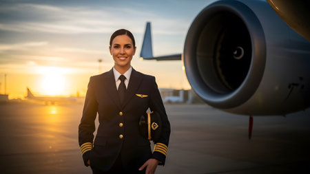 Confident female pilot smiling brightly on the tarmac beside an airplane at sunset