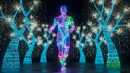A colorful neon digital human figure runs through a futuristic forest of glowing data trees