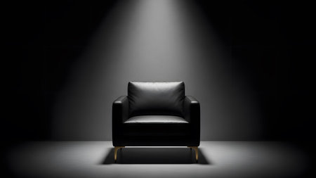 An elegant black leather armchair dramatically illuminated by a powerful spotlight in a dark roomの写真素材