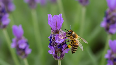 A diligent honeybee collects nectar and pollen from fragrant purple lavender blooms in a sunny...