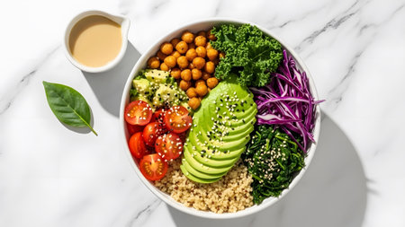 A vibrant and nutritious buddha bowl with fresh vegetables, quinoa, and chickpeas, served on a...